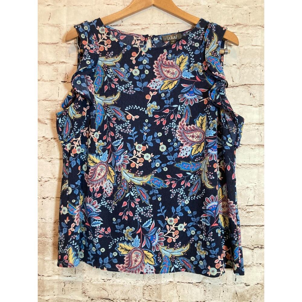 Rachel Roy Label Top Womens Large Navy Blue Floral Flutter Ruffle Sleeves Career